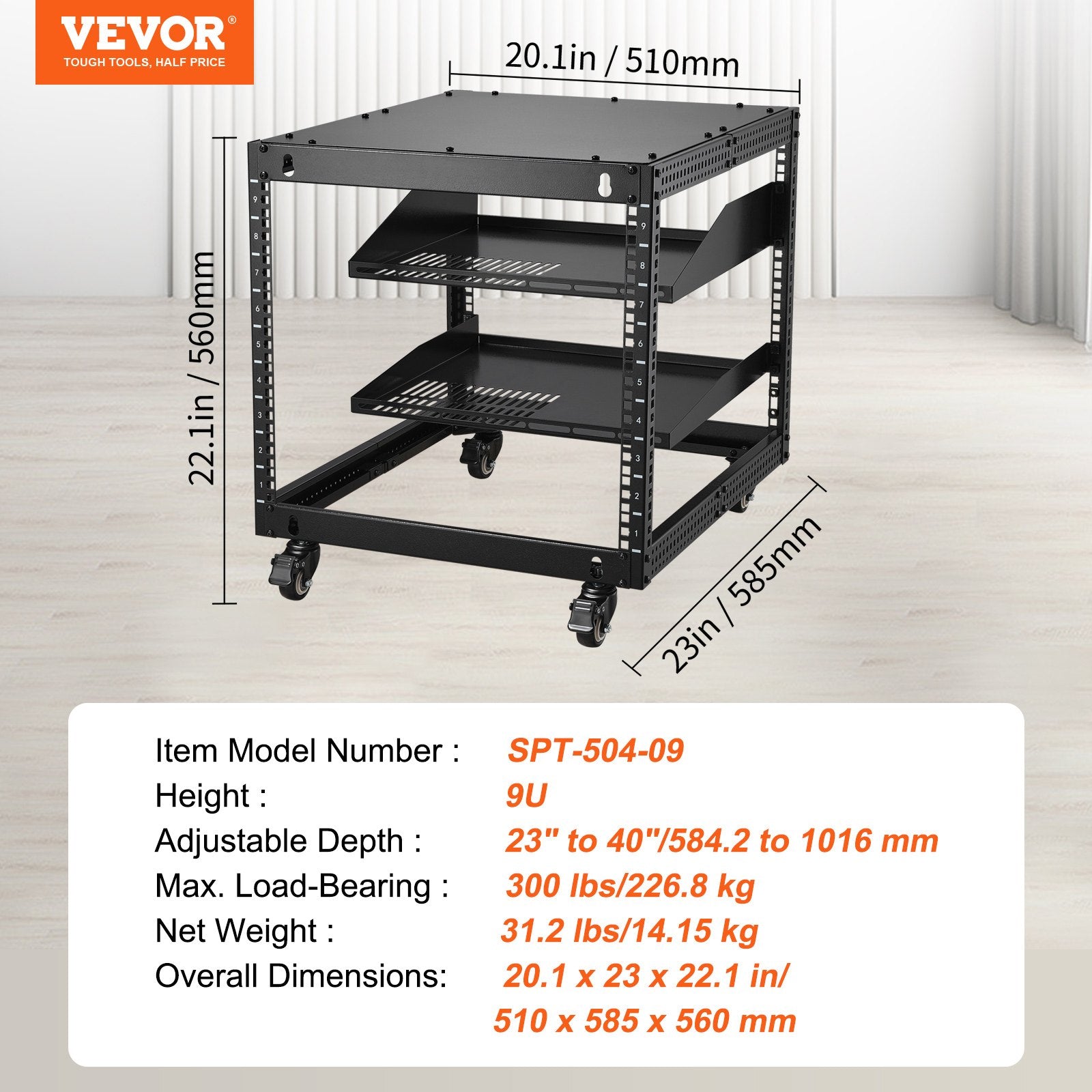 9U Open Frame Server Rack, 584.2 to 1016 mm Adjustable Depth, Free Standing or Wall Mount Network Server Rack with 360° Casters, Heavy Duty 4 Post Holds All Your Networking IT Equipment AV Gear - Image 7