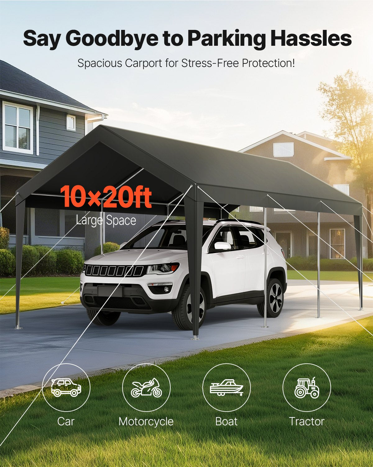 Carport Car Canopy 10 x 20 FT Heavy Duty Portable Car Shelter Tent Grey - Image 2