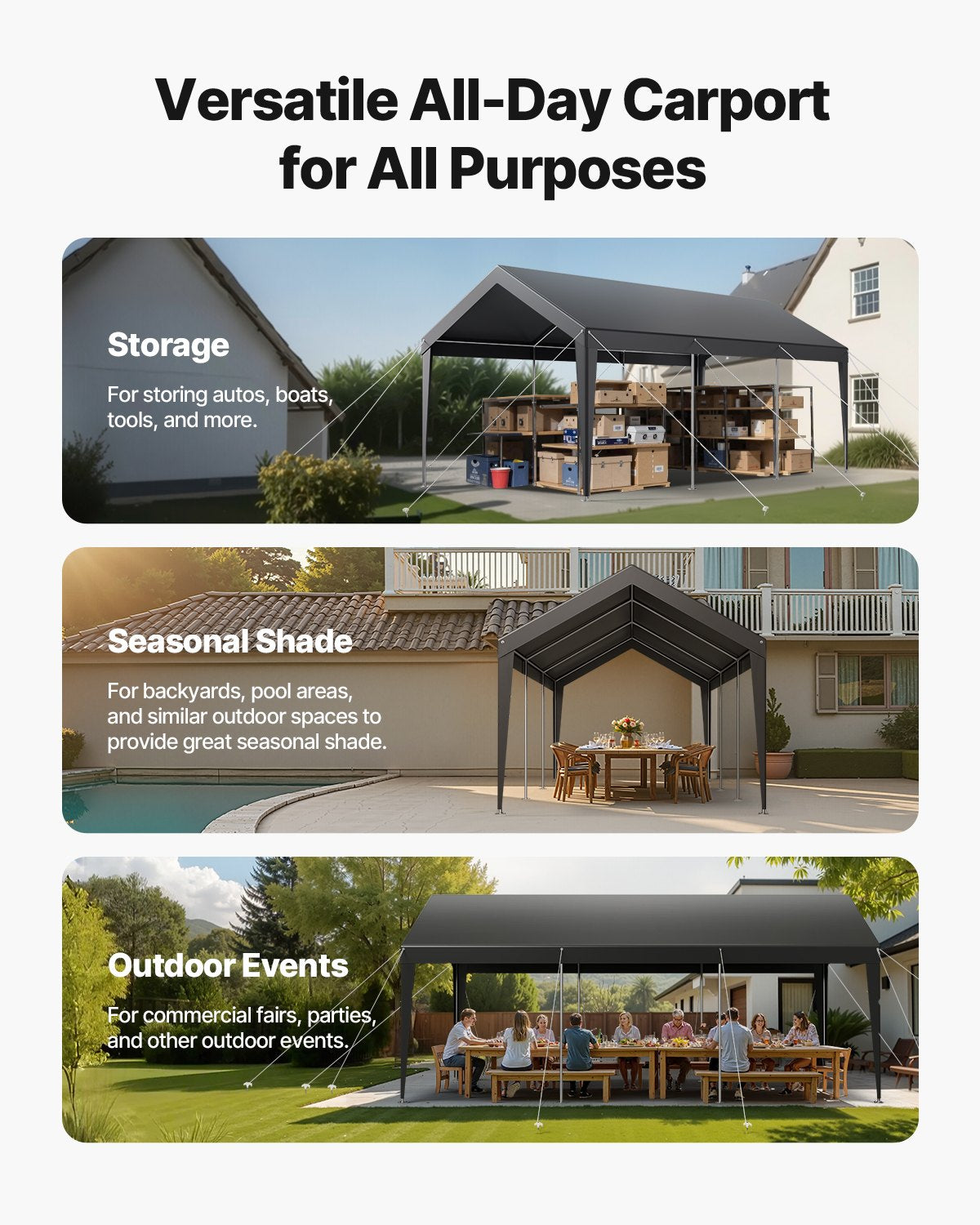 Carport Car Canopy 10 x 20 FT Heavy Duty Portable Car Shelter Tent Grey - Image 7