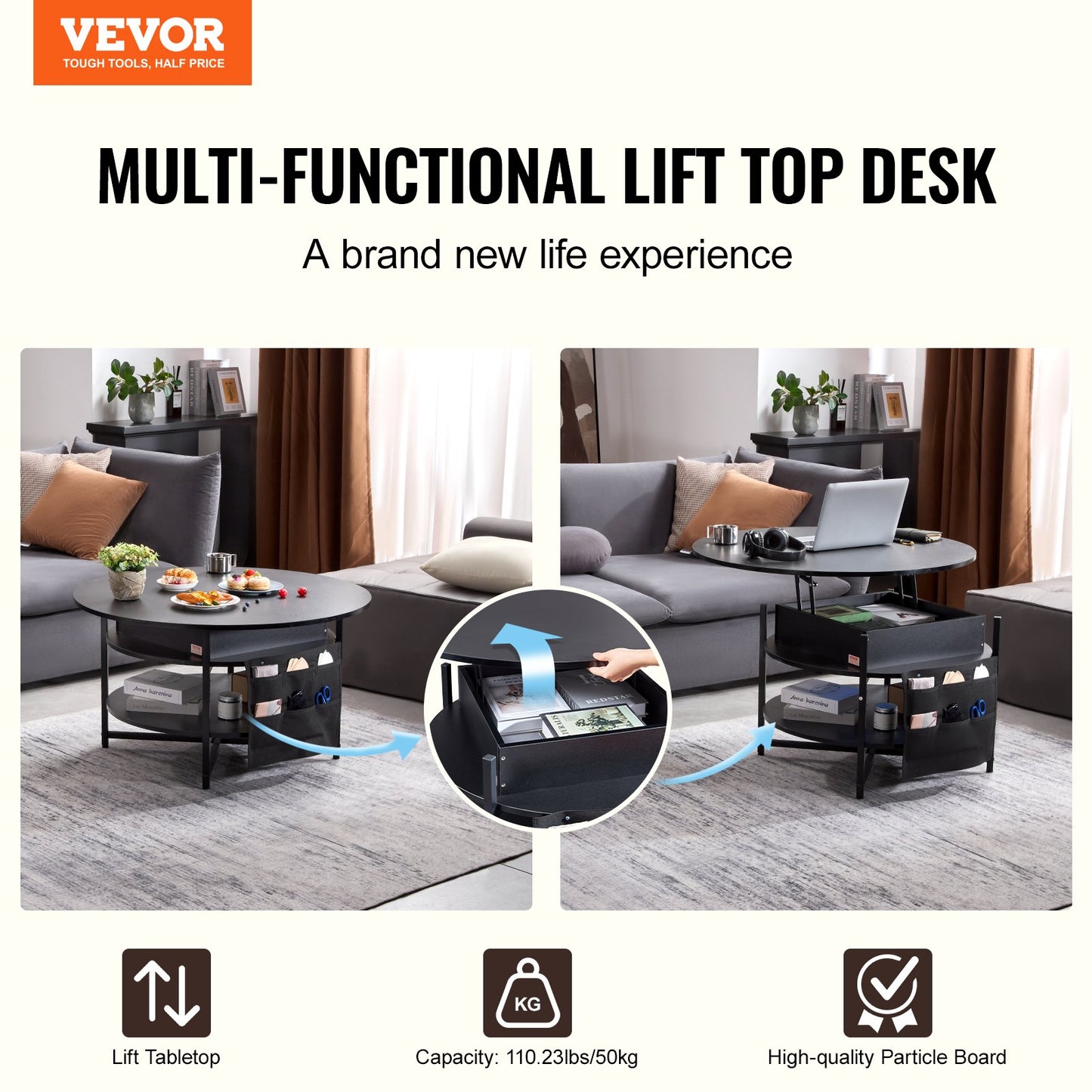 Lift Top Coffee Table 35.3" Round Coffee Table for Living Room Black - Image 2