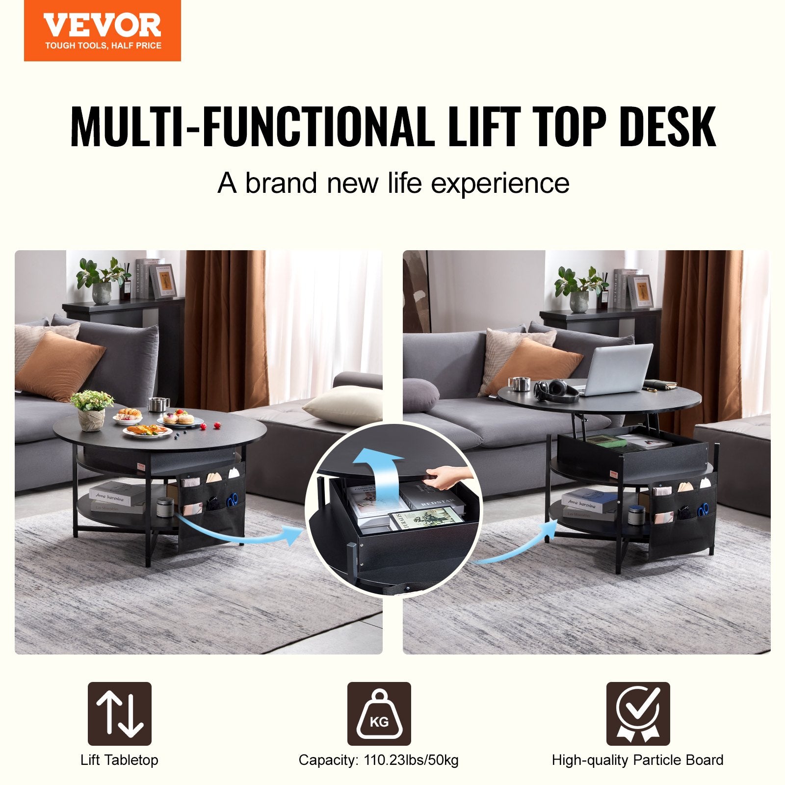 Lift Top Coffee Table 35.3" Round Coffee Table for Living Room Black - Image 2