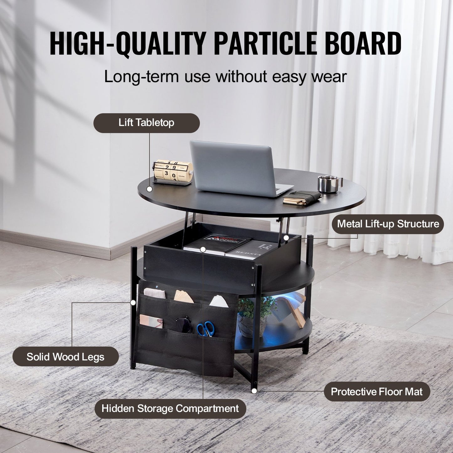 Lift Top Coffee Table 35.3" Round Coffee Table for Living Room Black - Image 5
