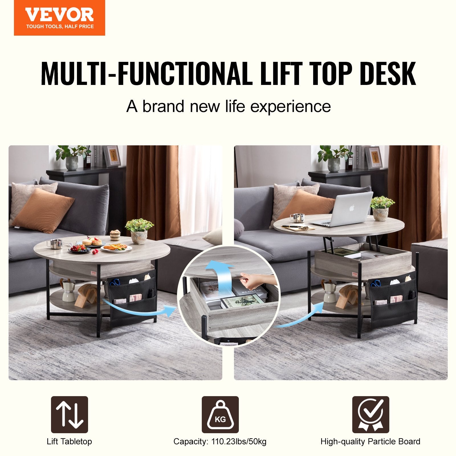 Lift Top Coffee Table 35.3" Round Coffee Table for Living Room White - Image 2