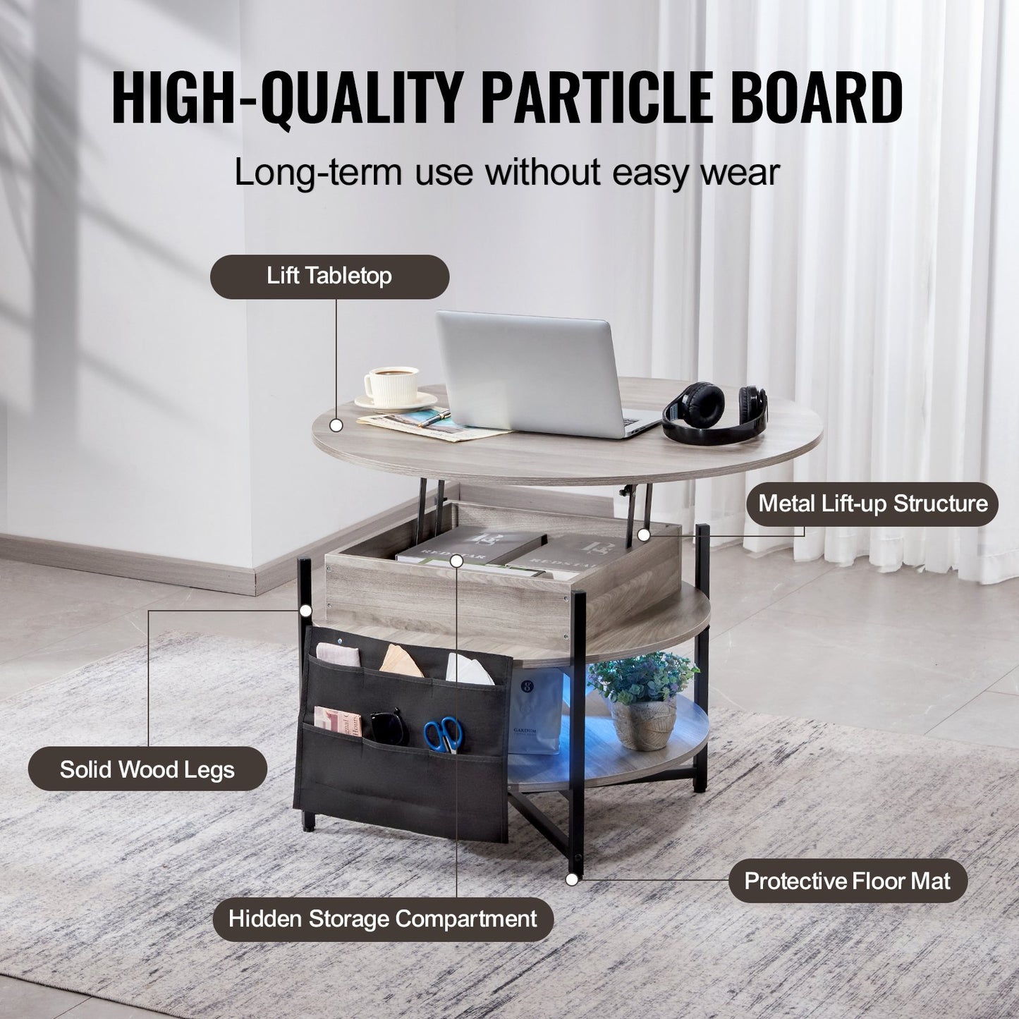 Lift Top Coffee Table 35.3" Round Coffee Table for Living Room White - Image 5