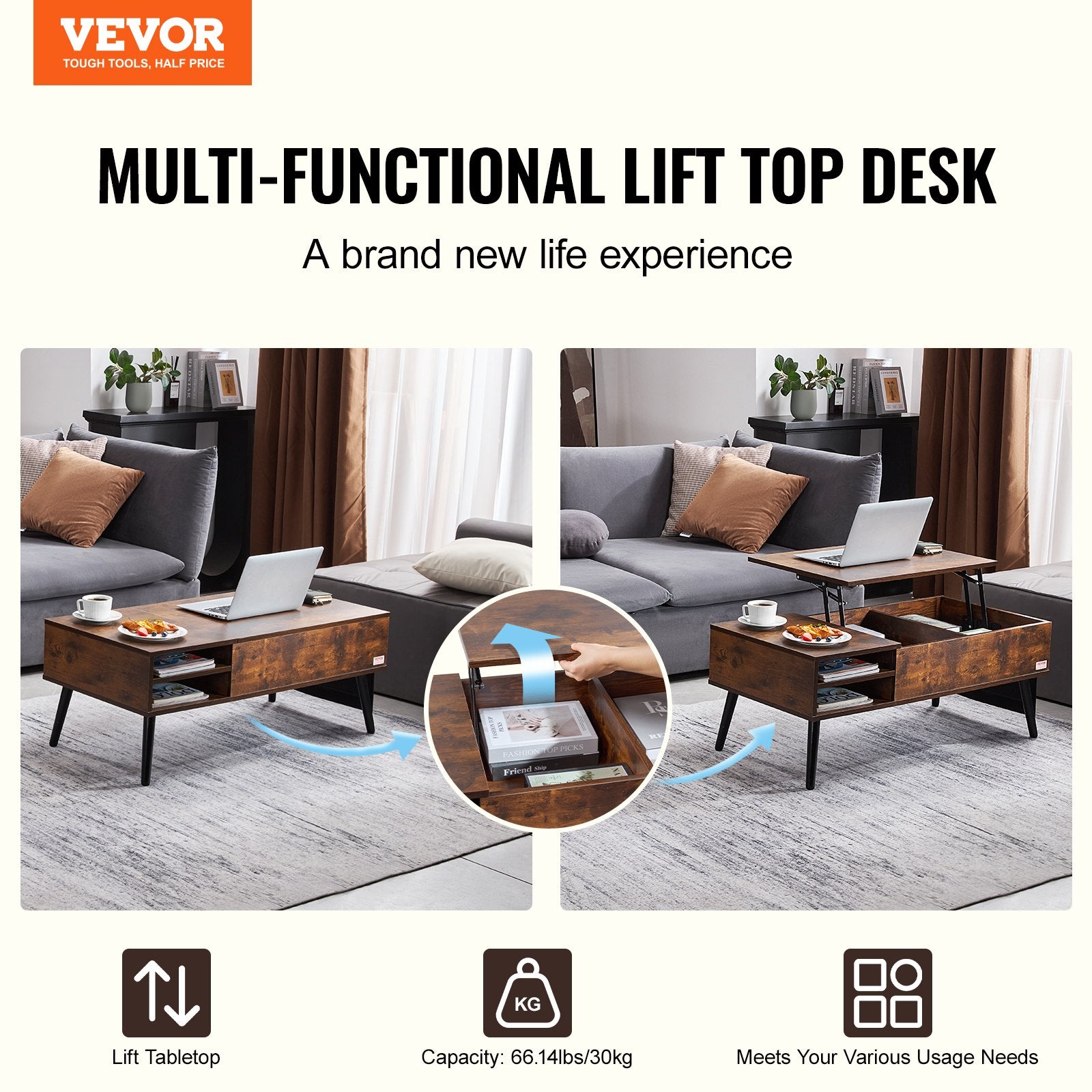 Lift Top Coffee Table 39.4 in Rectangle Coffee Table for Living Room Brown - Image 2