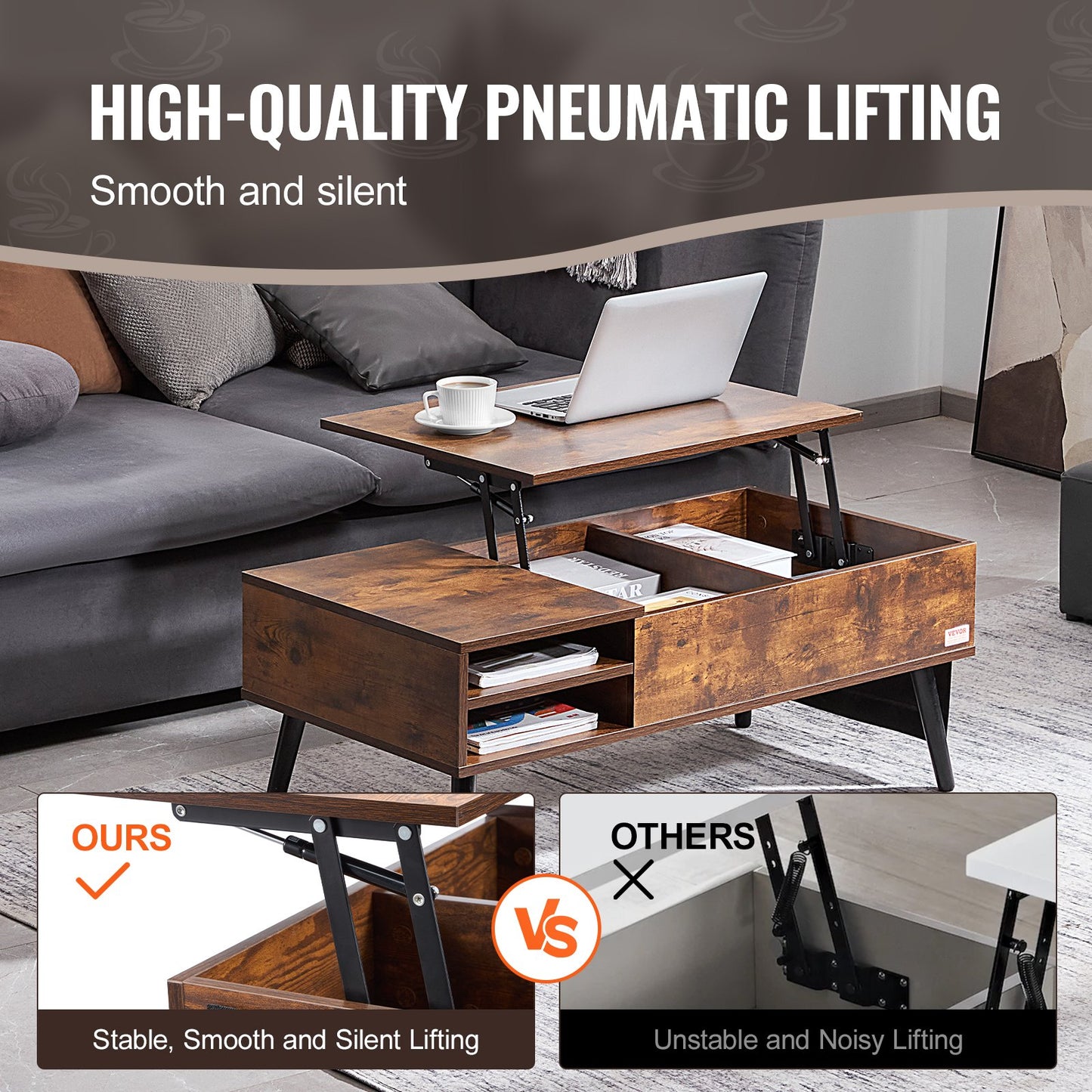 Lift Top Coffee Table 39.4 in Rectangle Coffee Table for Living Room Brown - Image 3