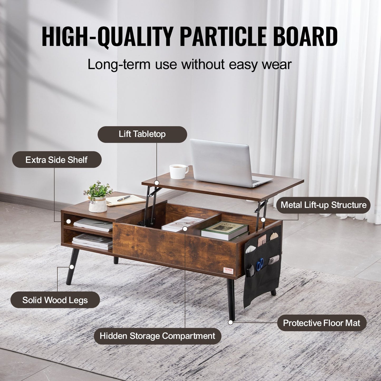 Lift Top Coffee Table 39.4 in Rectangle Coffee Table for Living Room Brown - Image 5