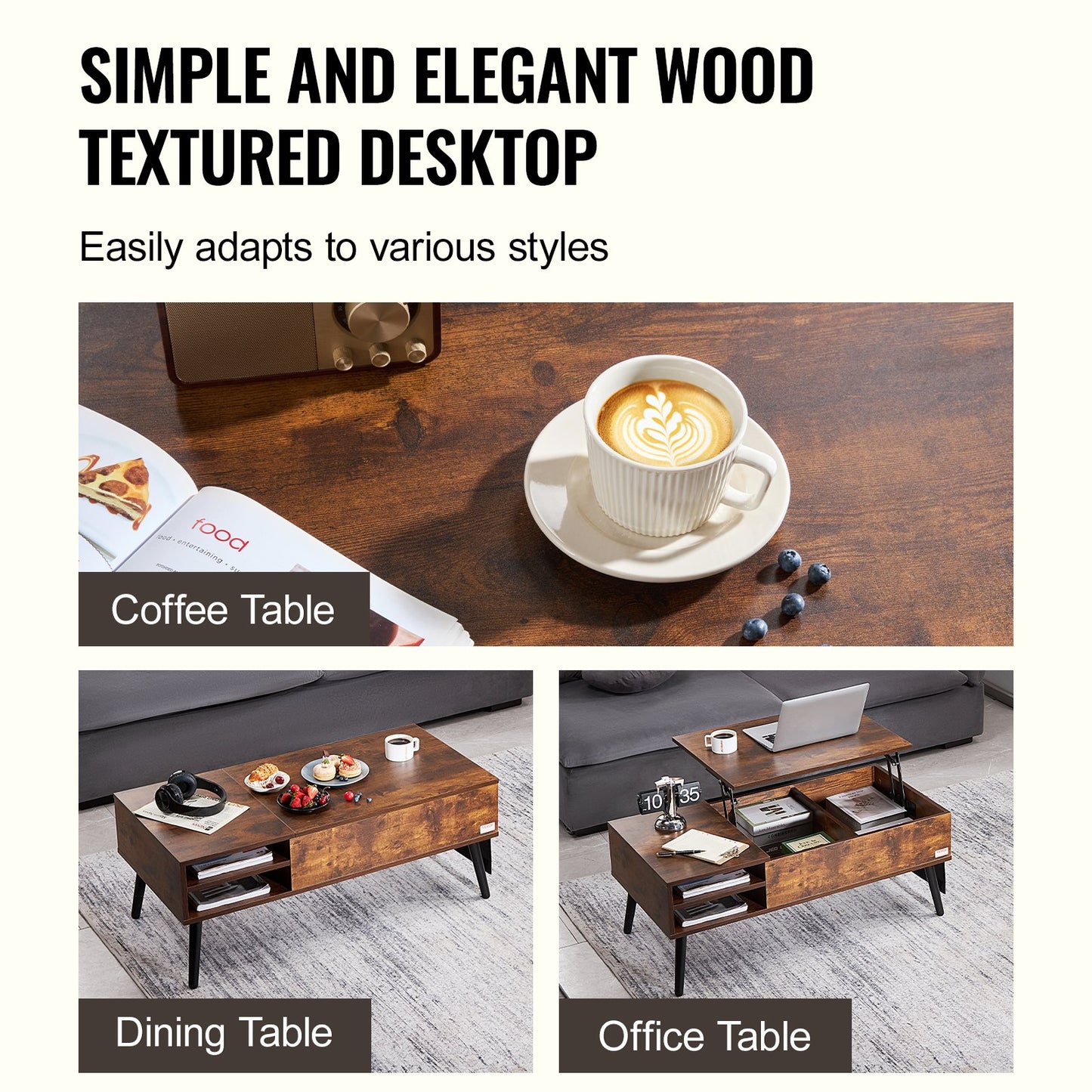 Lift Top Coffee Table 39.4 in Rectangle Coffee Table for Living Room Brown - Image 6