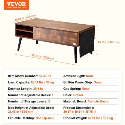 Lift Top Coffee Table 39.4 in Rectangle Coffee Table for Living Room Brown - Image 7