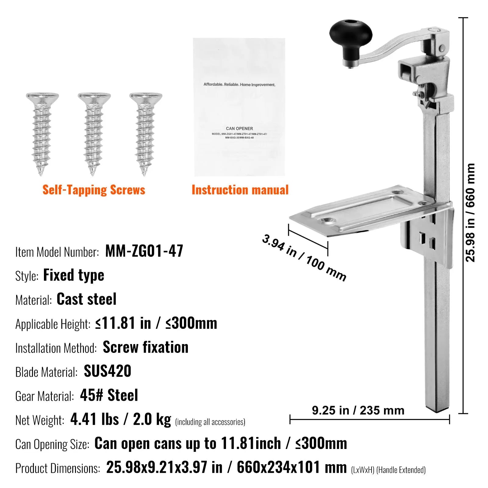Commercial Can Opener, Heavy-Duty Manual Tabletop Cans Opener for Cans Up to 300 mm Height, Height-Adjustable Professional Can Openers Fixed with Screws, for Restaurant, Hotel, and Food Store - Image 7