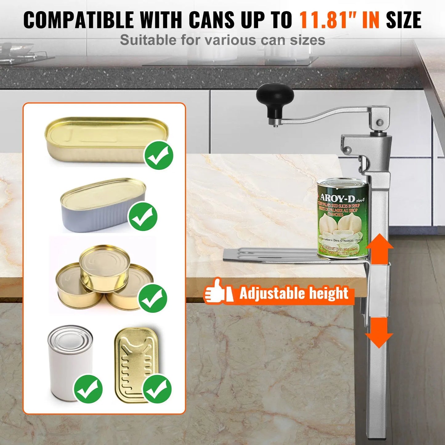 Commercial Can Opener, Heavy-Duty Manual Tabletop Cans Opener for Cans Up to 300 mm Height, Height-Adjustable Professional Can Openers with Stainless Steel Blade, for Restaurant & Food Store - Image 3