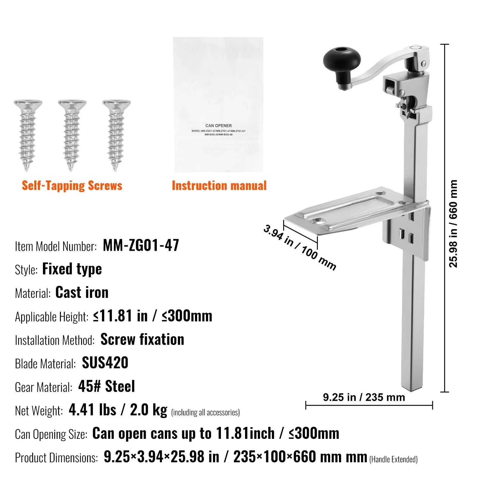 Commercial Can Opener, Heavy-Duty Manual Tabletop Cans Opener for Cans Up to 300 mm Height, Height-Adjustable Professional Can Openers with Stainless Steel Blade, for Restaurant & Food Store - Image 7