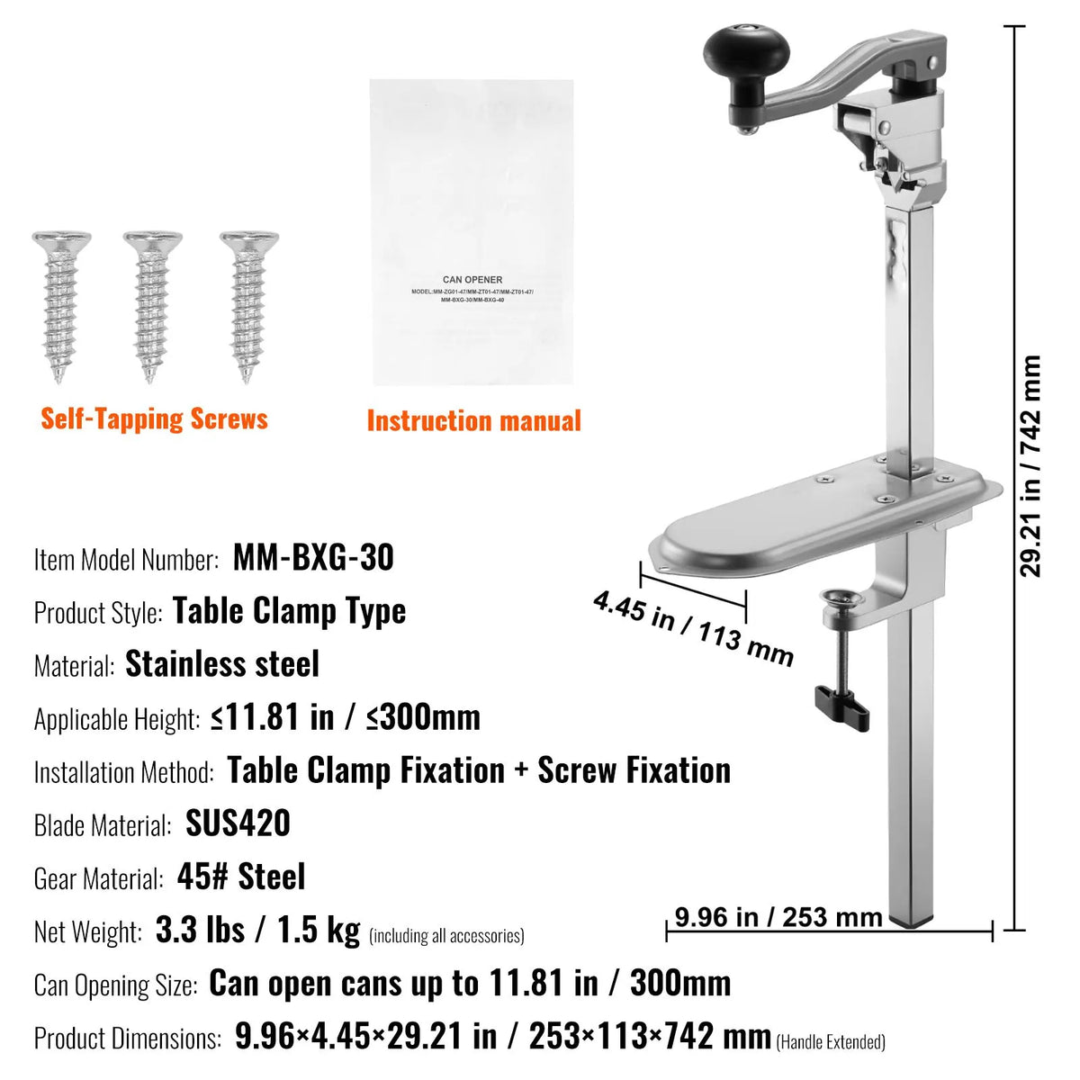 Commercial Can Opener, Heavy-Duty Manual Tabletop Cans Opener for Cans Up to 300 mm Height, Height-Adjustable Can Openers Fixed with Screws & Table Clamp, for Restaurant, Hotel, and Food Store - Image 7