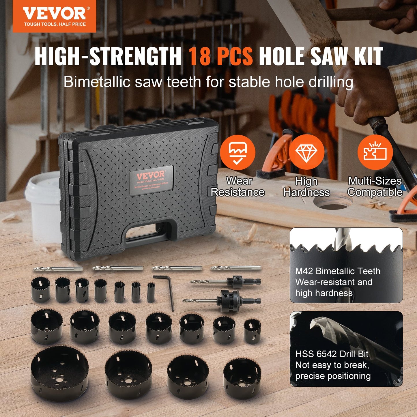 Hole Saw Kit, 18 PCS Saw Blades, 6 Drill Bits, 1 Hex Wrench, Bi Metal M42 Hole Saw Set with Carrying Case, General Purpose Size from 3/4" to 4-1/2", Ideal for Wood Board, Iron and Plastic Plate - Image 2