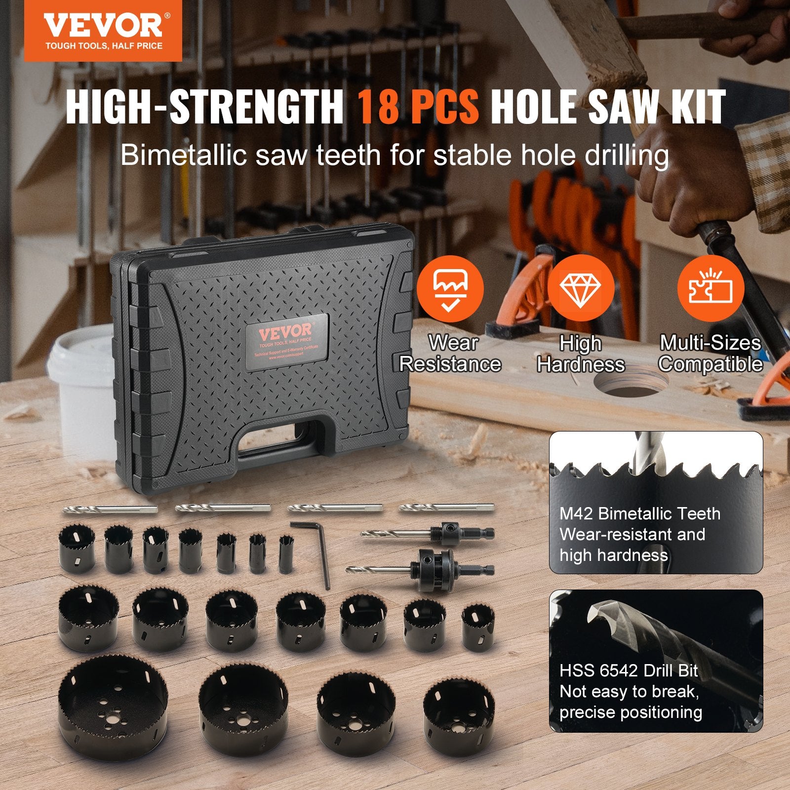 Hole Saw Kit, 18 PCS Saw Blades, 6 Drill Bits, 1 Hex Wrench, Bi Metal M42 Hole Saw Set with Carrying Case, General Purpose Size from 3/4" to 4-1/2", Ideal for Wood Board, Iron and Plastic Plate - Image 2
