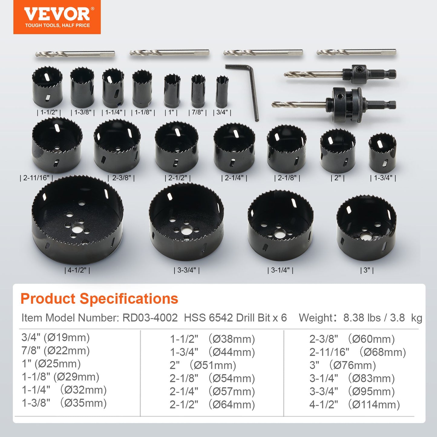 Hole Saw Kit, 18 PCS Saw Blades, 6 Drill Bits, 1 Hex Wrench, Bi Metal M42 Hole Saw Set with Carrying Case, General Purpose Size from 3/4" to 4-1/2", Ideal for Wood Board, Iron and Plastic Plate - Image 7