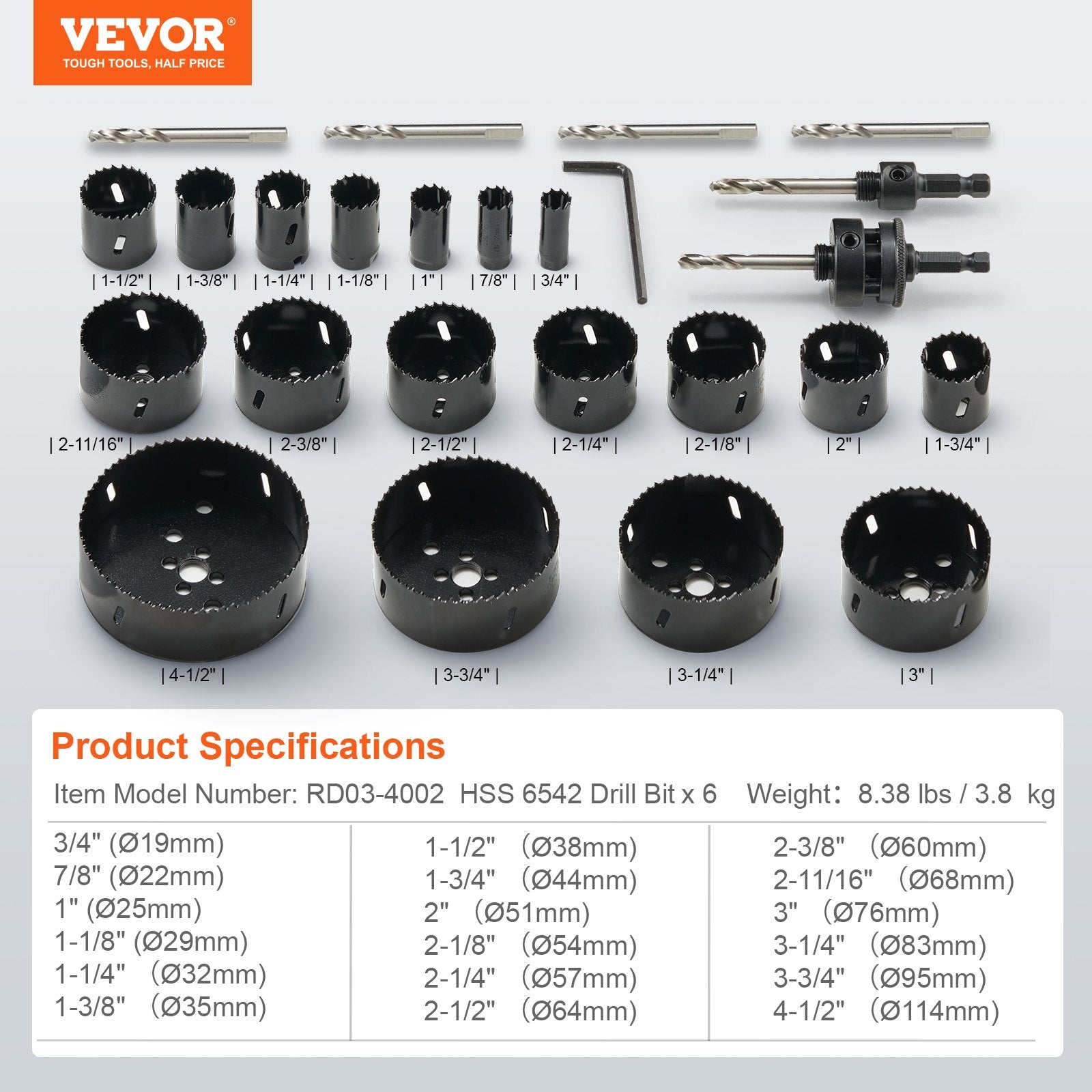 Hole Saw Kit, 18 PCS Saw Blades, 6 Drill Bits, 1 Hex Wrench, Bi Metal M42 Hole Saw Set with Carrying Case, General Purpose Size from 3/4" to 4-1/2", Ideal for Wood Board, Iron and Plastic Plate - Image 7