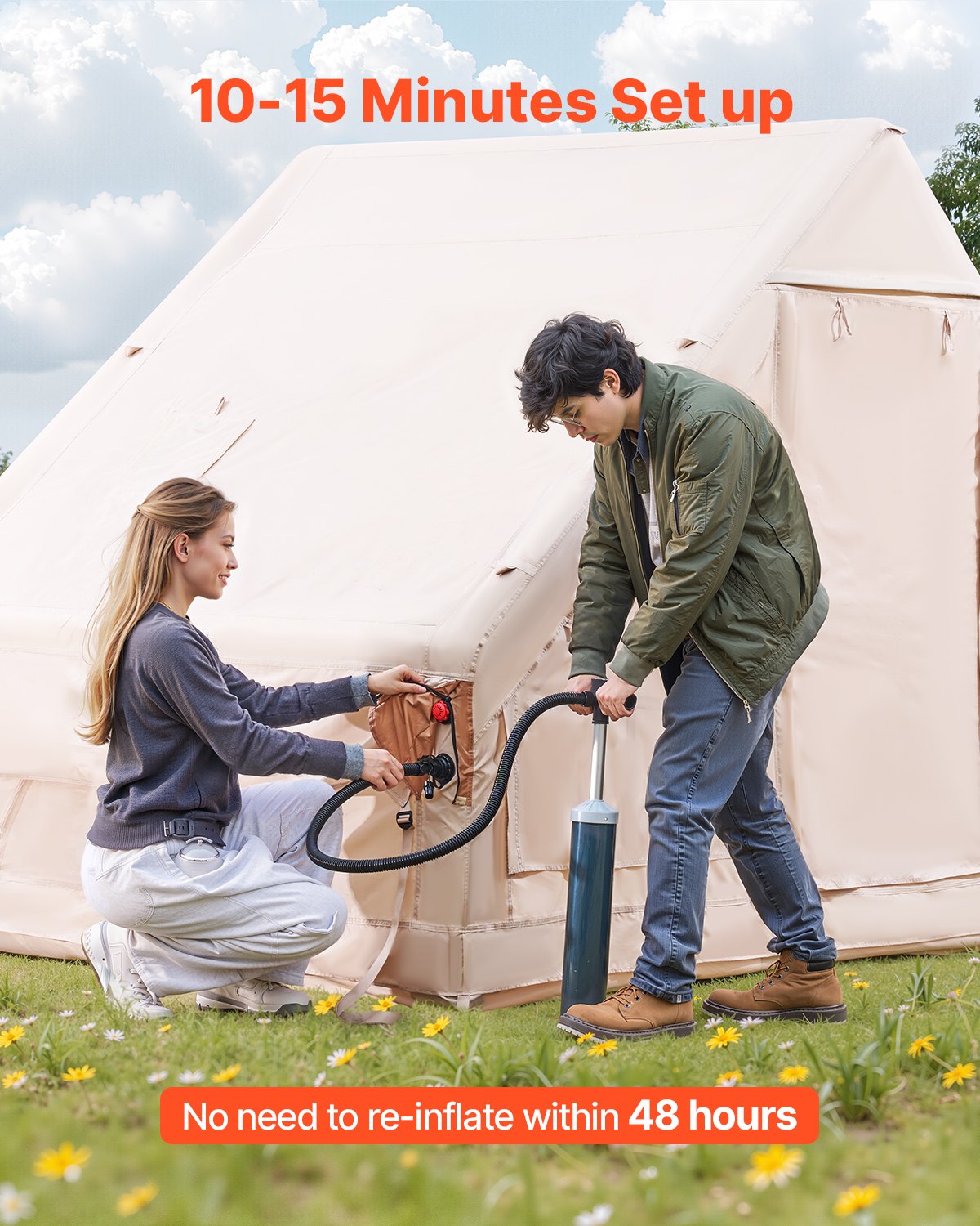 Inflatable Tents for Camping, 3-5 Person Easy Setup Blow up Tent with Hand Pump, 300D Oxford 4 Season Glamping Tent with Canopy, Stove Jack, 2 Doors & 2 Mesh Windows (Storage Bag Included) - Image 2
