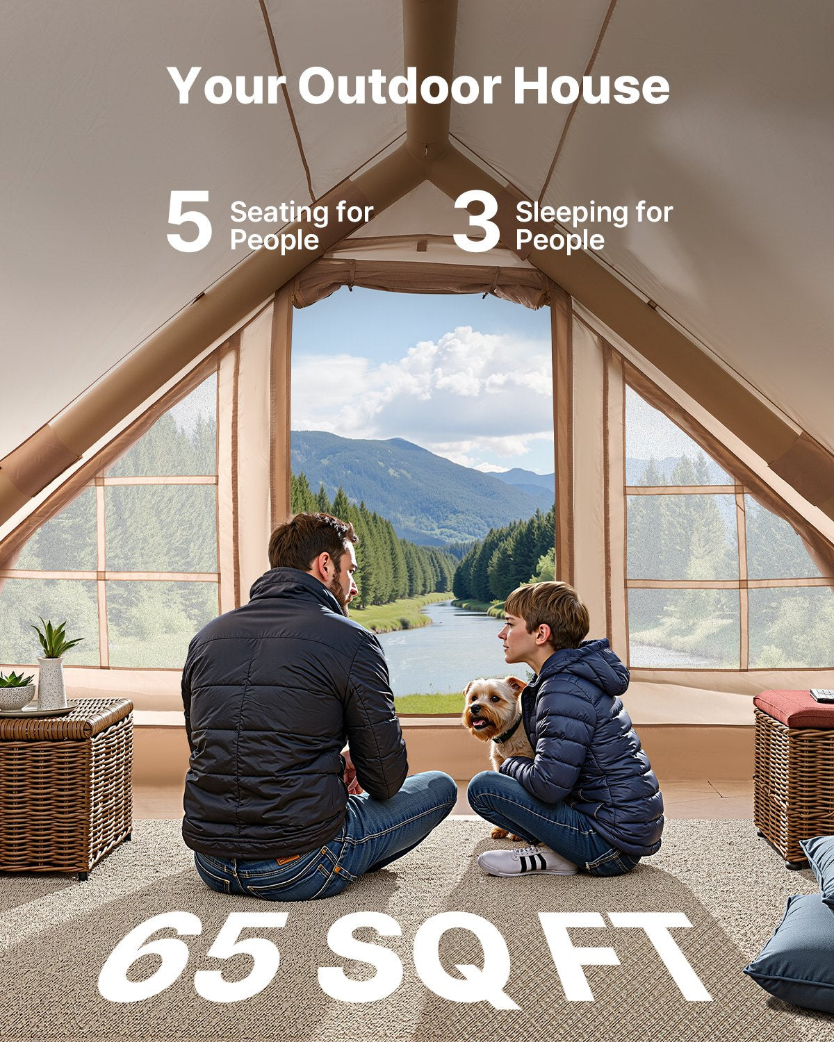 Inflatable Tents for Camping, 3-5 Person Easy Setup Blow up Tent with Hand Pump, 300D Oxford 4 Season Glamping Tent with Canopy, Stove Jack, 2 Doors & 2 Mesh Windows (Storage Bag Included) - Image 3