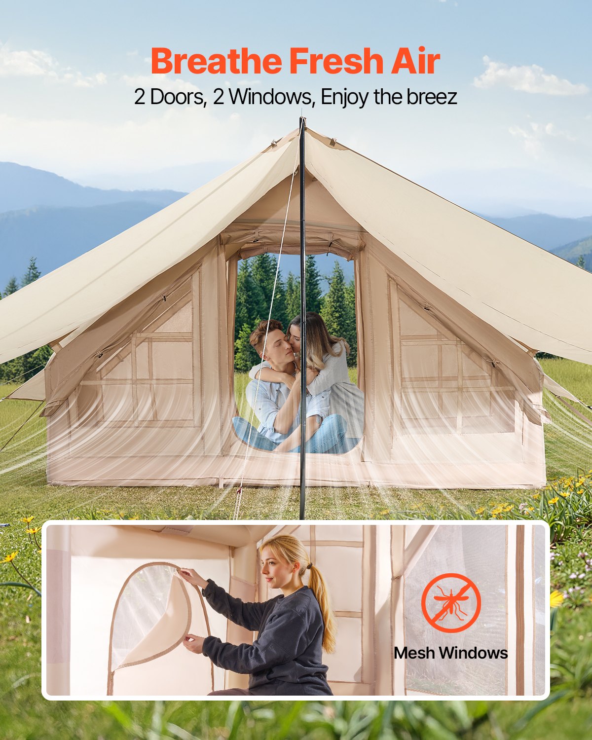 Inflatable Tents for Camping, 3-5 Person Easy Setup Blow up Tent with Hand Pump, 300D Oxford 4 Season Glamping Tent with Canopy, Stove Jack, 2 Doors & 2 Mesh Windows (Storage Bag Included) - Image 5