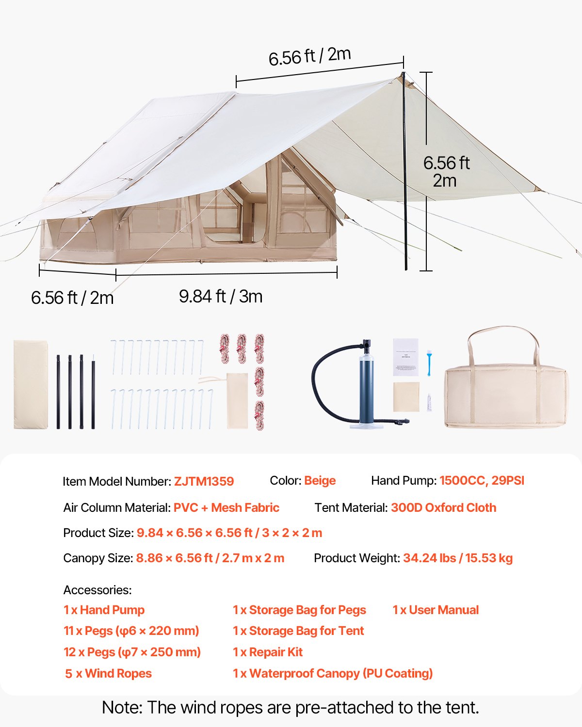 Inflatable Tents for Camping, 3-5 Person Easy Setup Blow up Tent with Hand Pump, 300D Oxford 4 Season Glamping Tent with Canopy, Stove Jack, 2 Doors & 2 Mesh Windows (Storage Bag Included) - Image 7