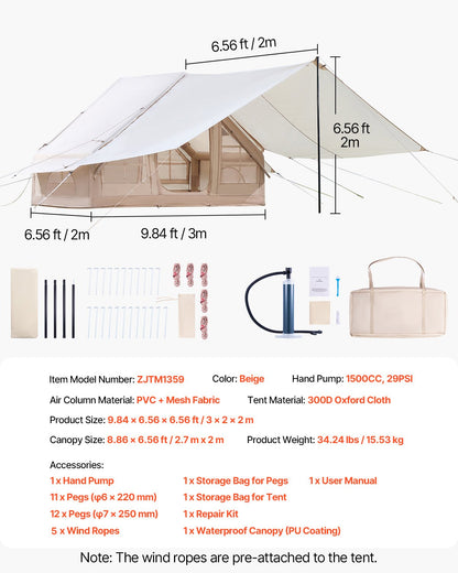 Inflatable Tents for Camping, 3-5 Person Easy Setup Blow up Tent with Hand Pump, 300D Oxford 4 Season Glamping Tent with Canopy, Stove Jack, 2 Doors & 2 Mesh Windows (Storage Bag Included) - Image 7