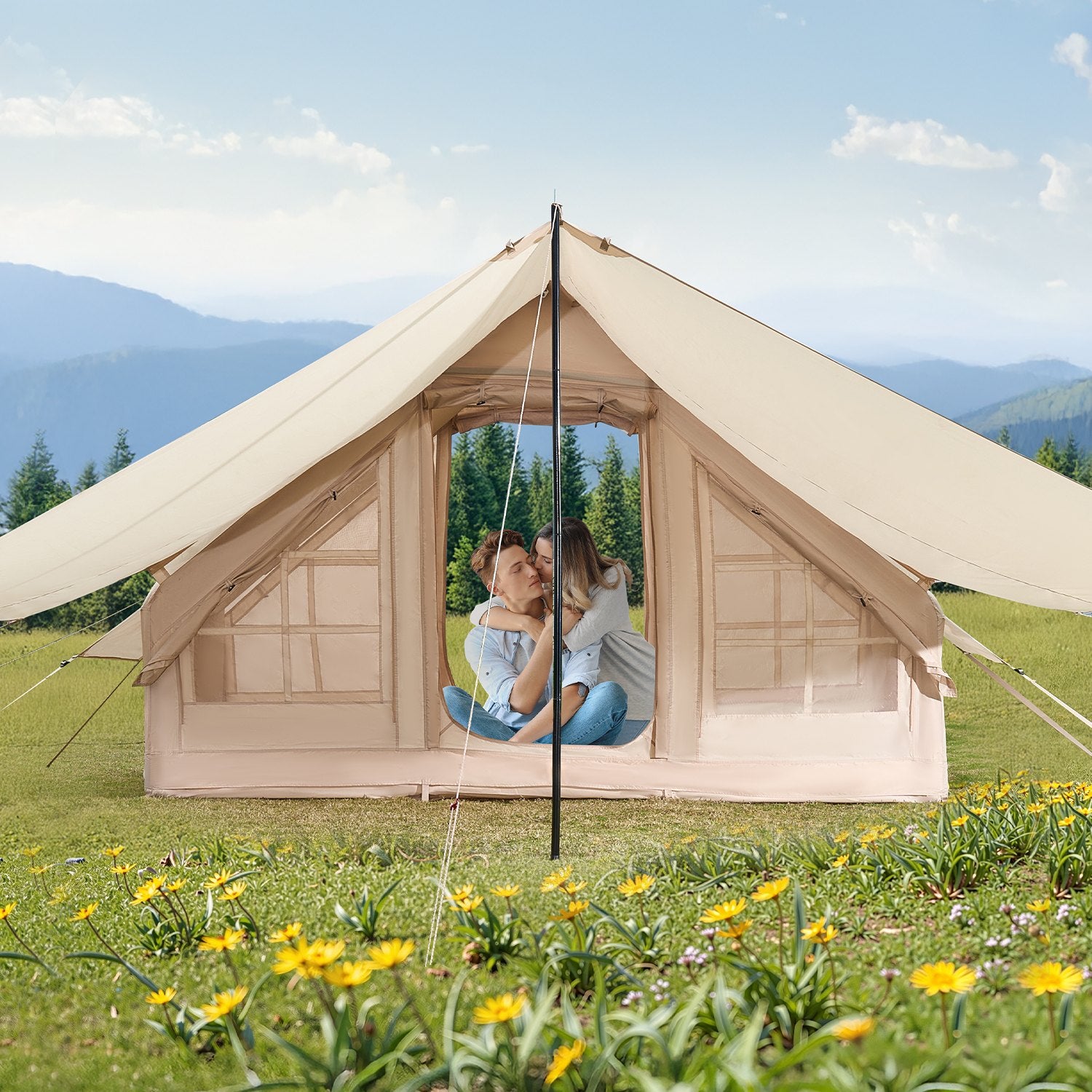 Inflatable Tents for Camping, 3-5 Person Easy Setup Blow up Tent with Hand Pump, 300D Oxford 4 Season Glamping Tent with Canopy, Stove Jack, 2 Doors & 2 Mesh Windows (Storage Bag Included) - Image 8