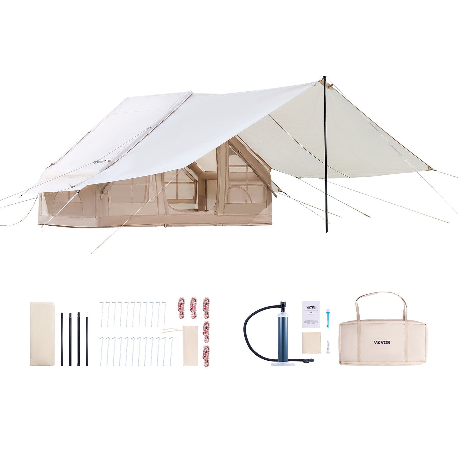 Inflatable Tents for Camping, 3-5 Person Easy Setup Blow up Tent with Hand Pump, 300D Oxford 4 Season Glamping Tent with Canopy, Stove Jack, 2 Doors & 2 Mesh Windows (Storage Bag Included) - Image 9