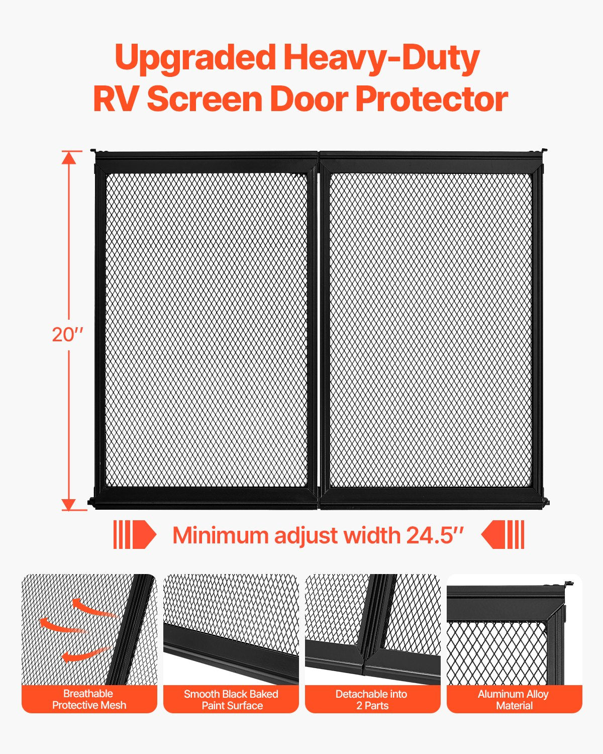 RV Screen Door Protector, 622.3 x 508 mm Door Grille, Easy to Install and Disassemble, Reinforced Breathable Protective Mesh, Aluminum Alloy Camper RV Entry Protector for Pet Protection, Black - Image 2