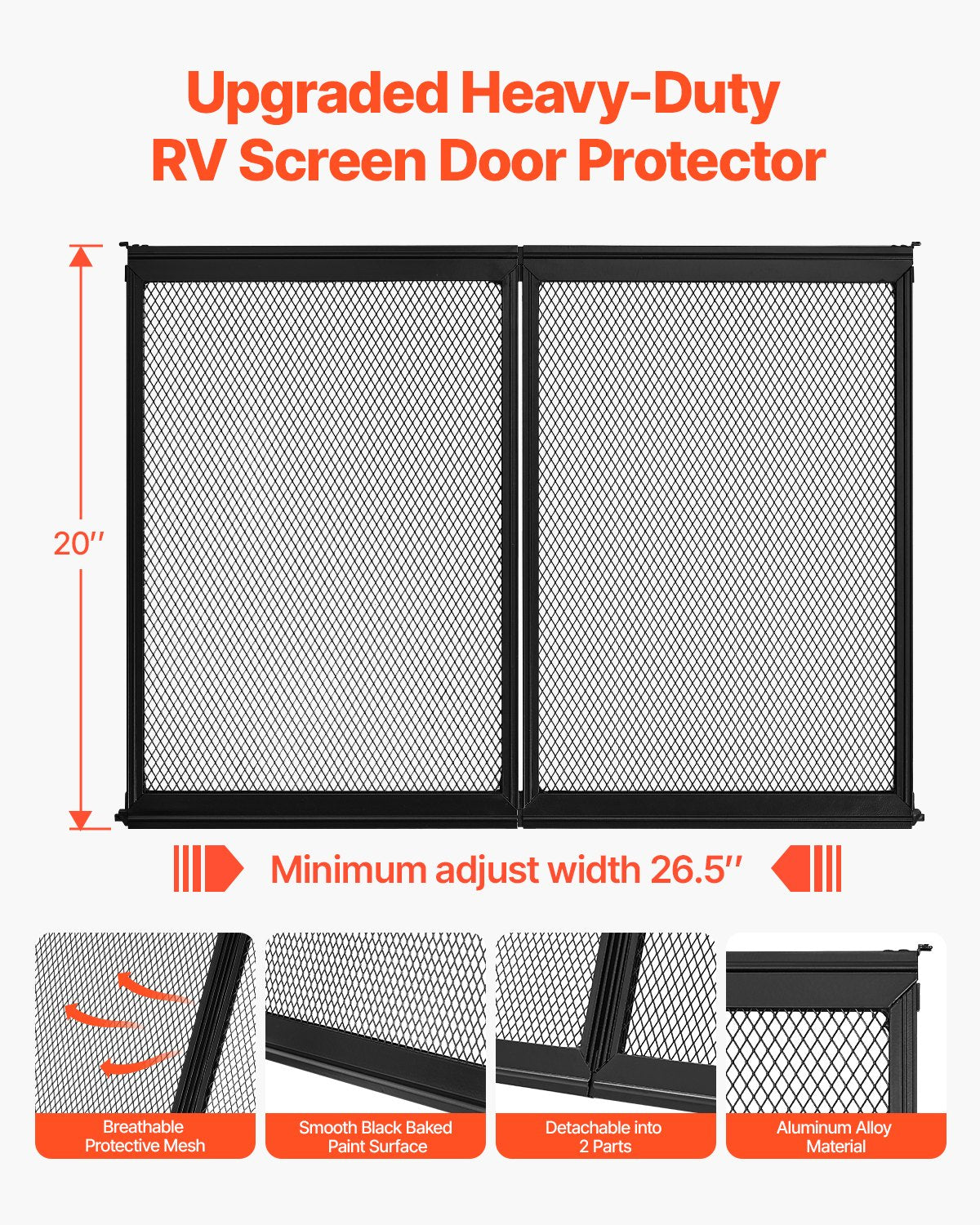 RV Screen Door Protector, 673.1 x 508 mm Door Grille, Easy to Install and Disassemble, Reinforced Breathable Protective Mesh, Aluminum Alloy Camper RV Entry Protector for Pet Protection, Black - Image 2