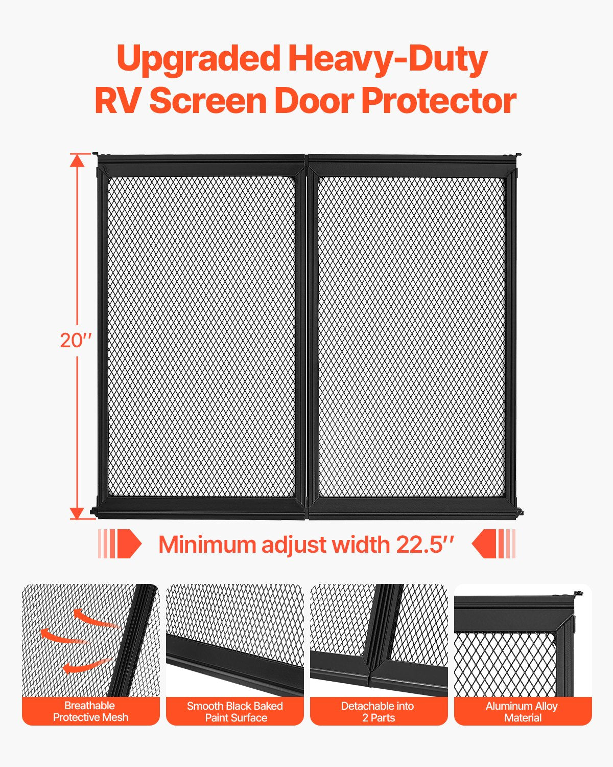RV Screen Door Protector, 571.5 x 508 mm Door Grille, Easy to Install and Disassemble, Reinforced Breathable Protective Mesh, Aluminum Alloy Camper RV Entry Protector for Pet Protection, Black - Image 2