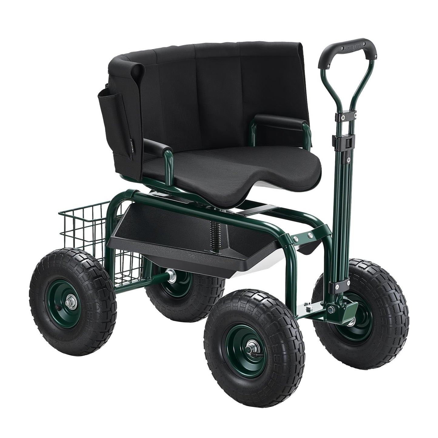 Rolling Garden Cart with Swivel Seat Wheels Extendable Handle Storage Box