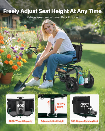 Rolling Garden Cart with Swivel Seat Wheels Extendable Handle Storage Box - Image 2