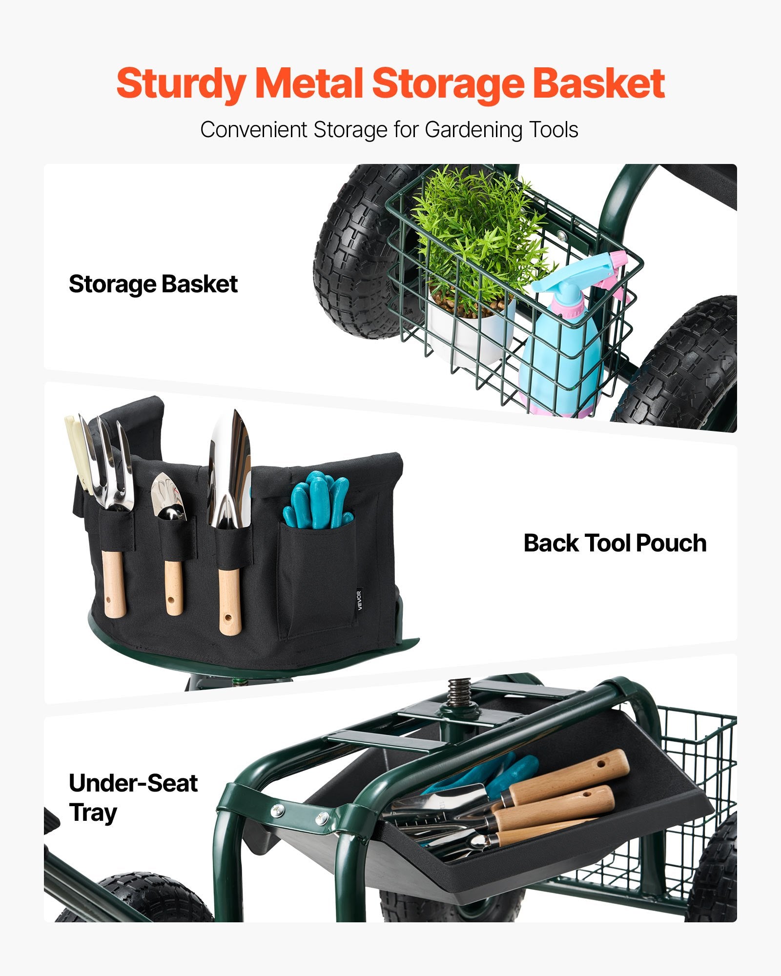 Rolling Garden Cart with Swivel Seat Wheels Extendable Handle Storage Box - Image 5