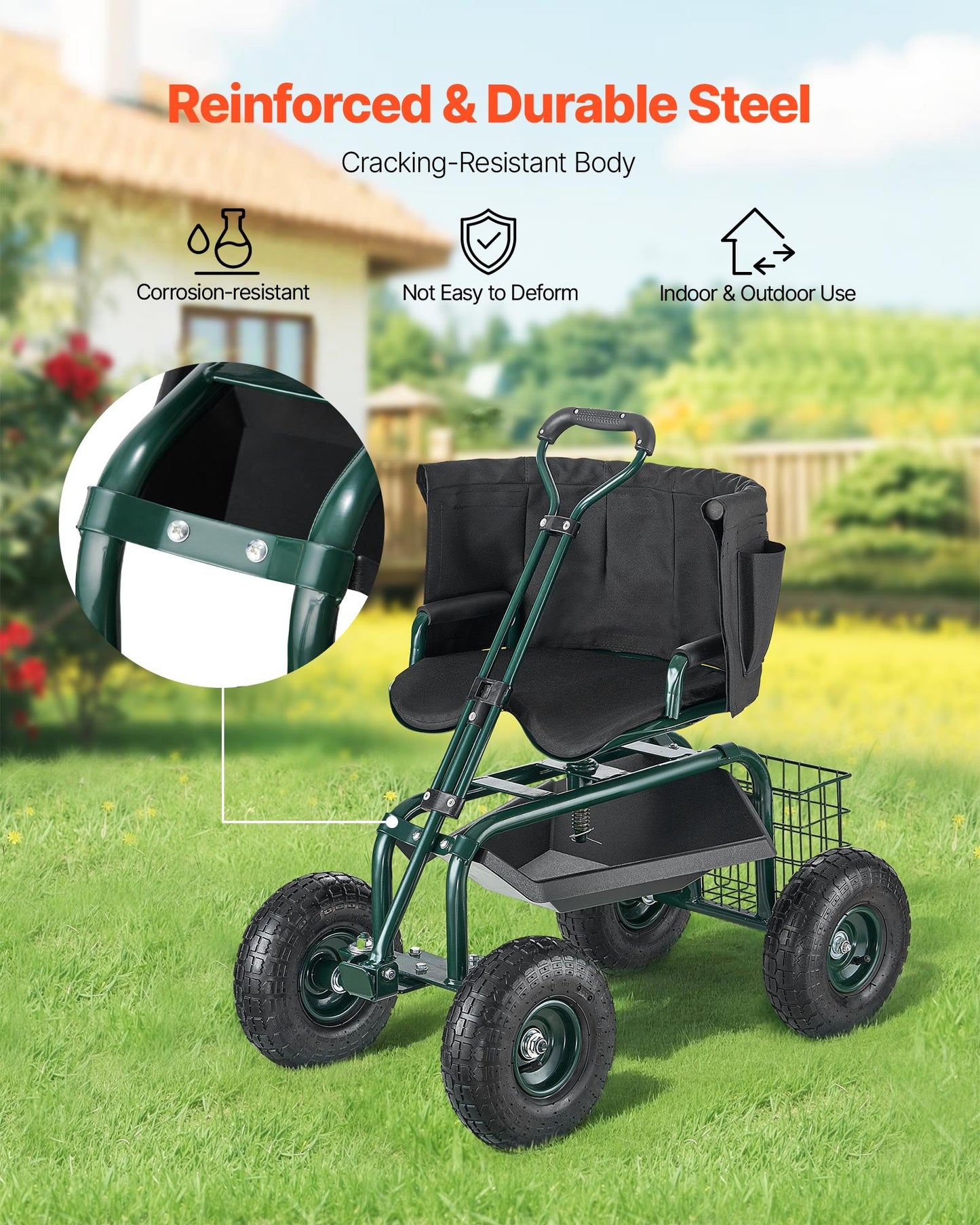 Rolling Garden Cart with Swivel Seat Wheels Extendable Handle Storage Box - Image 6