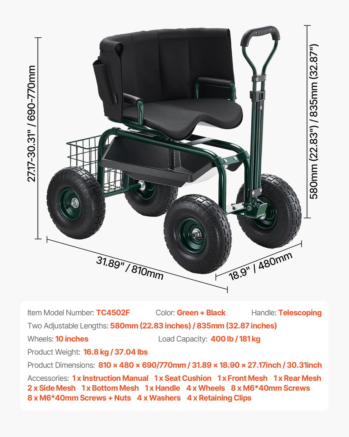 Rolling Garden Cart with Swivel Seat Wheels Extendable Handle Storage Box - Image 7
