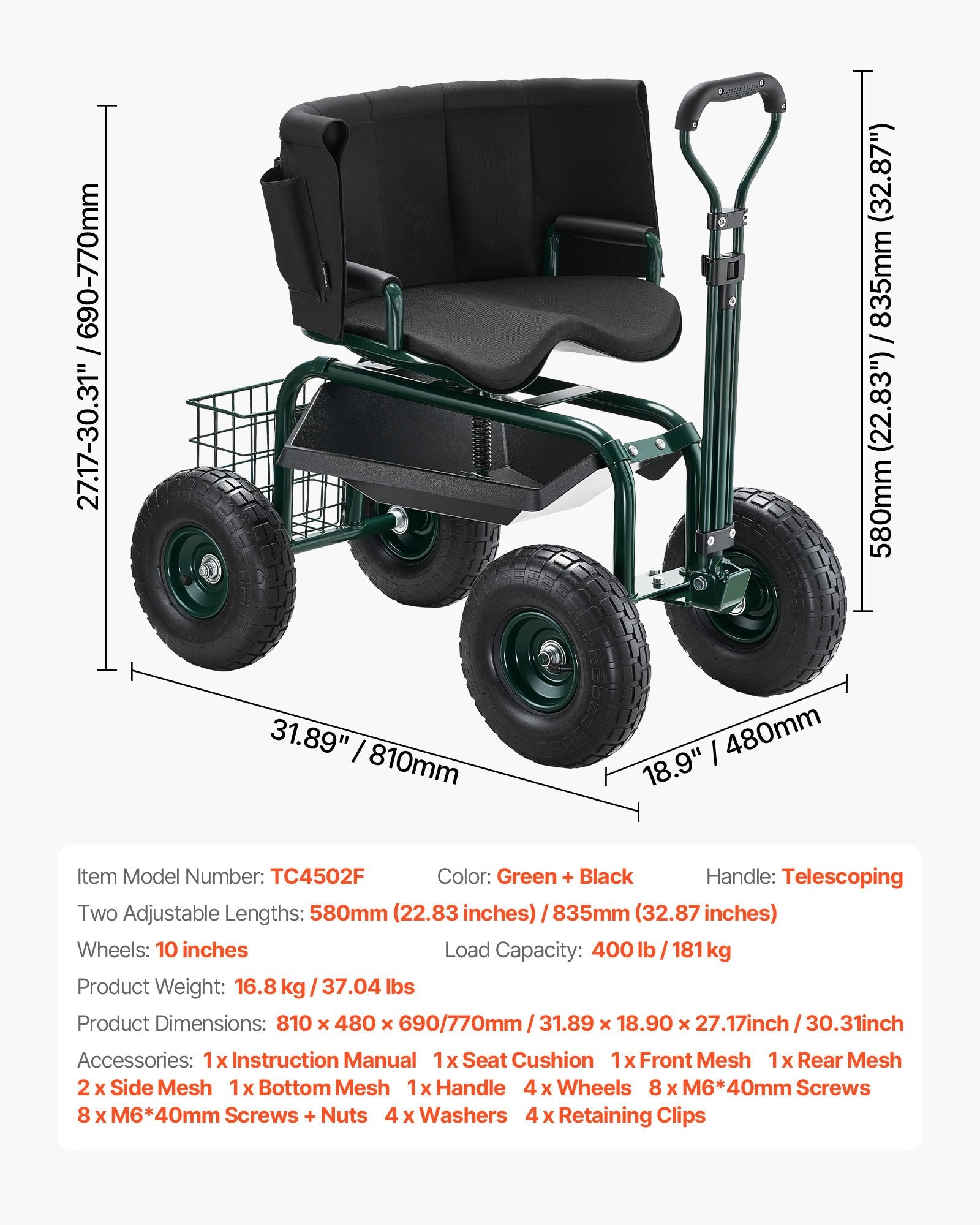 Rolling Garden Cart with Swivel Seat Wheels Extendable Handle Storage Box - Image 7