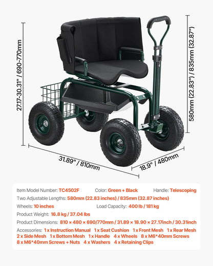 Rolling Garden Cart with Swivel Seat Wheels Extendable Handle Storage Box - Image 7