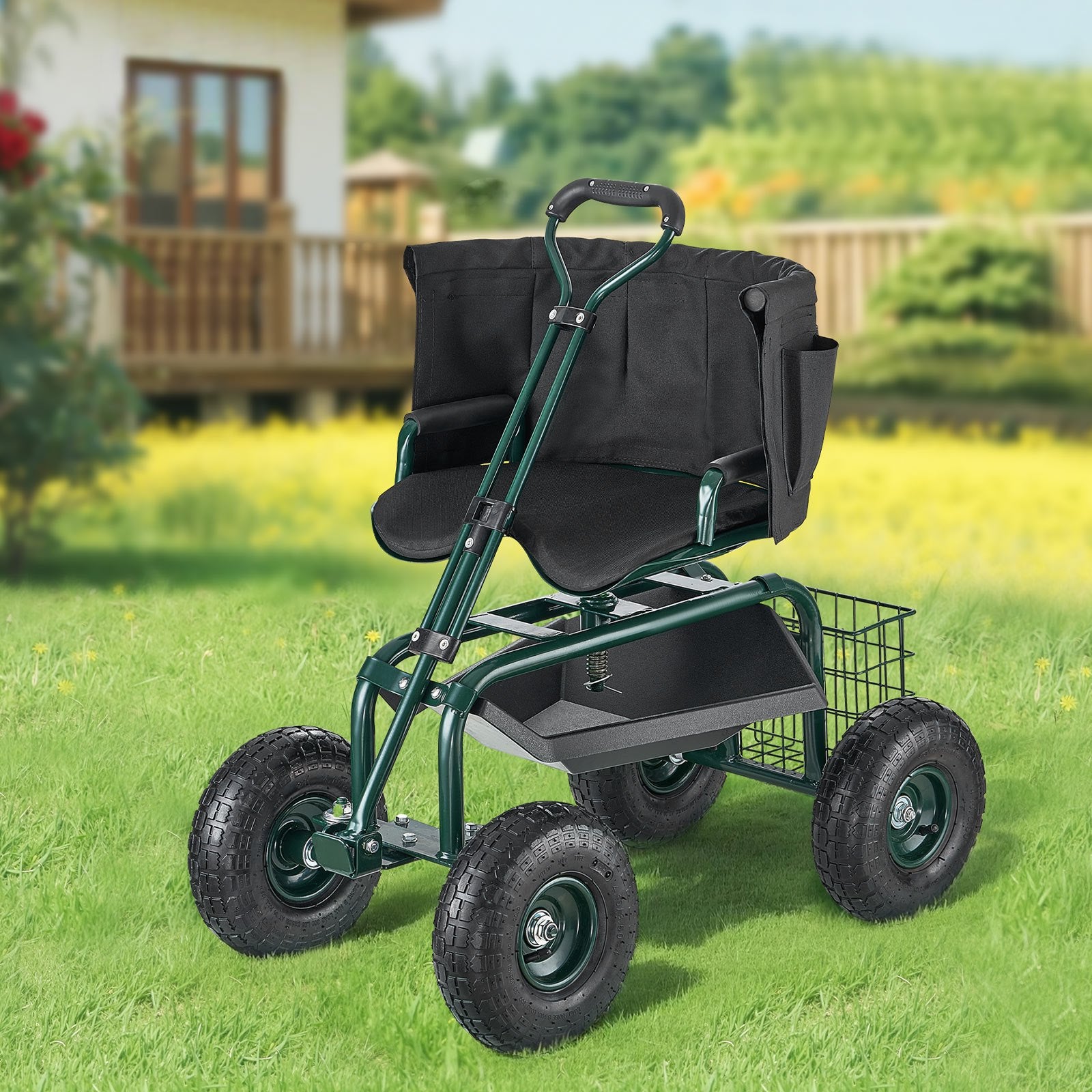 Rolling Garden Cart with Swivel Seat Wheels Extendable Handle Storage Box - Image 8