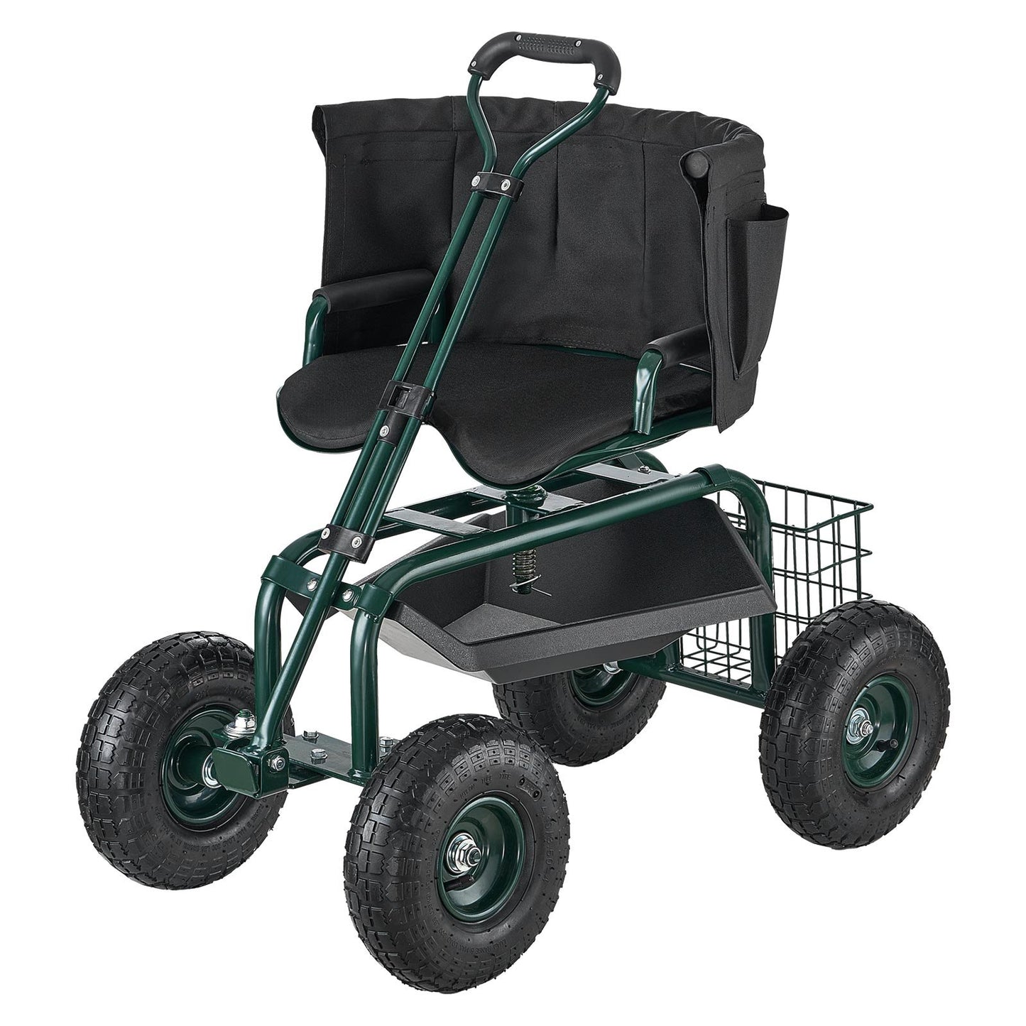 Rolling Garden Cart with Swivel Seat Wheels Extendable Handle Storage Box - Image 9