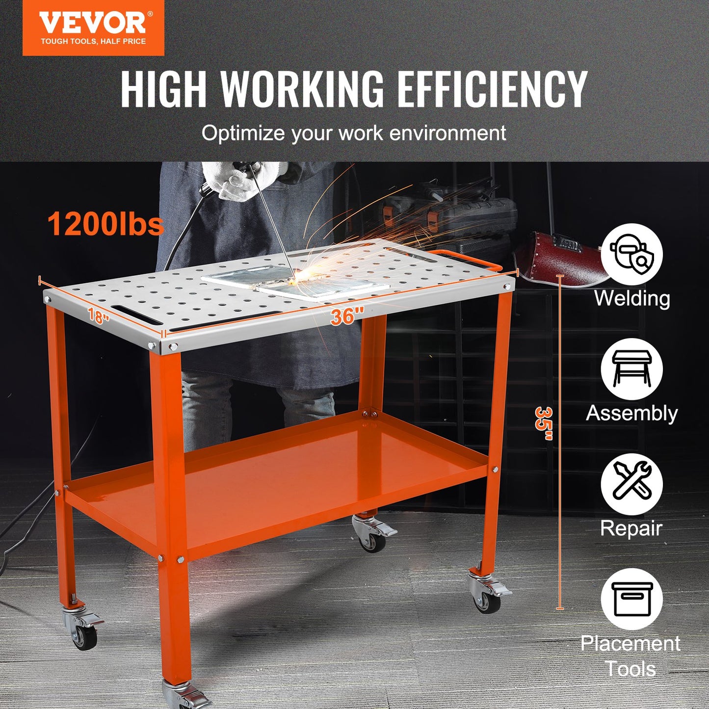 36" x 18" Welding Table, 1200lbs Load Capacity Steel Welding Workbench Table on Wheels, Portable Work Bench with Braking Lockable Casters, 4 Tool Slots, 5/8-inch Fixture Holes, Tool Tray - Image 2