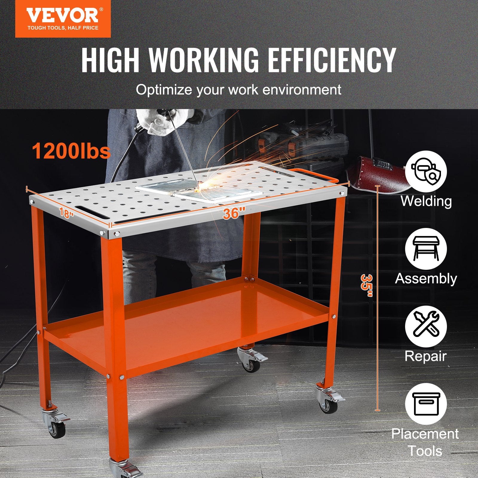 36" x 18" Welding Table, 1200lbs Load Capacity Steel Welding Workbench Table on Wheels, Portable Work Bench with Braking Lockable Casters, 4 Tool Slots, 5/8-inch Fixture Holes, Tool Tray - Image 2