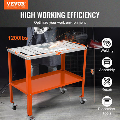 36" x 18" Welding Table, 1200lbs Load Capacity Steel Welding Workbench Table on Wheels, Portable Work Bench with Braking Lockable Casters, 4 Tool Slots, 5/8-inch Fixture Holes, Tool Tray - Image 2