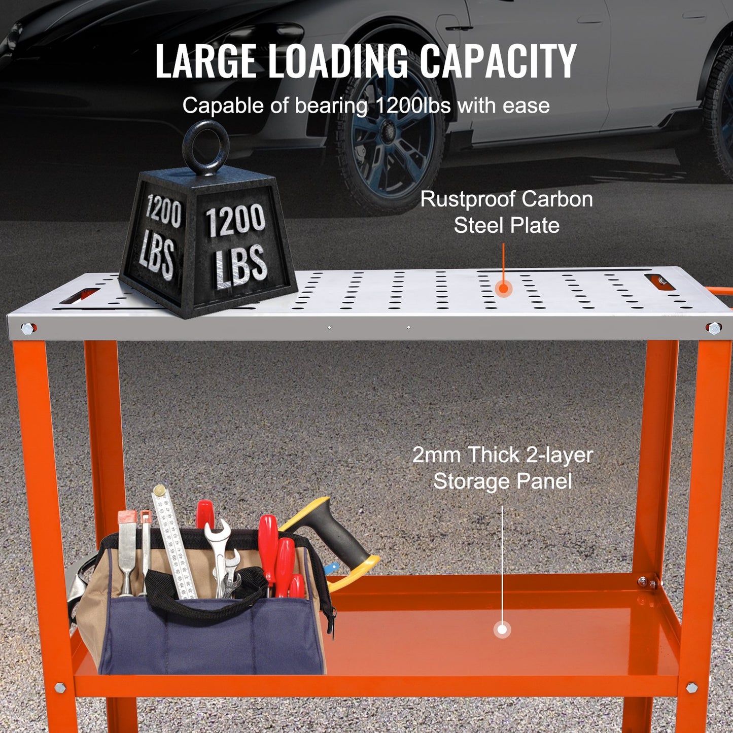 36" x 18" Welding Table, 1200lbs Load Capacity Steel Welding Workbench Table on Wheels, Portable Work Bench with Braking Lockable Casters, 4 Tool Slots, 5/8-inch Fixture Holes, Tool Tray - Image 3
