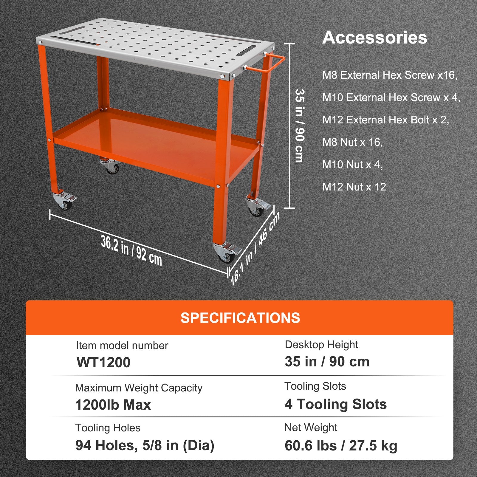 36" x 18" Welding Table, 1200lbs Load Capacity Steel Welding Workbench Table on Wheels, Portable Work Bench with Braking Lockable Casters, 4 Tool Slots, 5/8-inch Fixture Holes, Tool Tray - Image 7