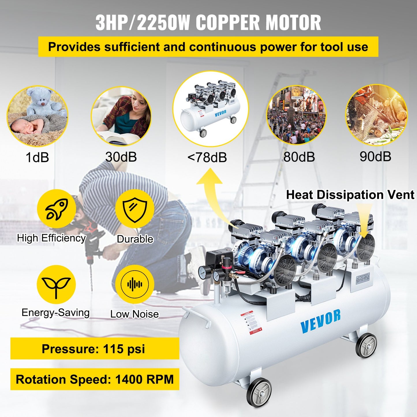 Oil Free Air Compressor Air Compressor Tank 100L 3HP Ultra Silent Inflator - Image 3