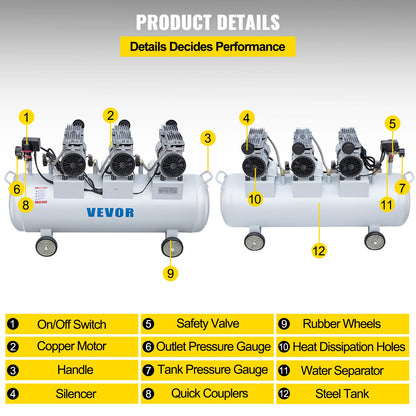 Oil Free Air Compressor Air Compressor Tank 100L 3HP Ultra Silent Inflator - Image 4