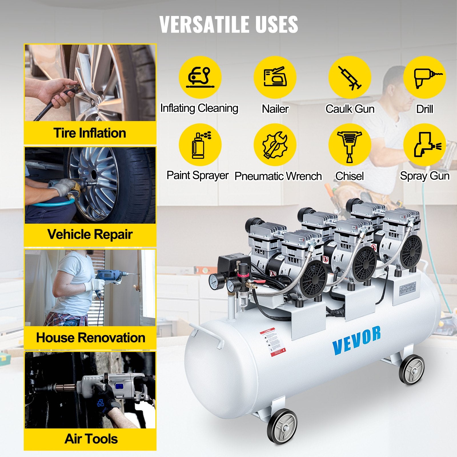 Oil Free Air Compressor Air Compressor Tank 100L 3HP Ultra Silent Inflator - Image 6