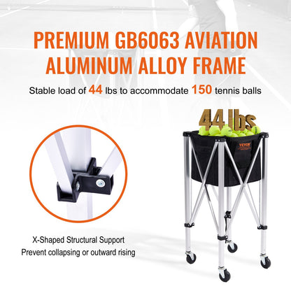 Foldable Tennis Ball Hopper, Holds 150 Tennis Balls, Lightweight Aluminum Alloy Tennis Ball Basket Cart with Wheels, Removable Bag, Carry Bag, Portable Sports Teaching Cart for Tennis Player - Image 4