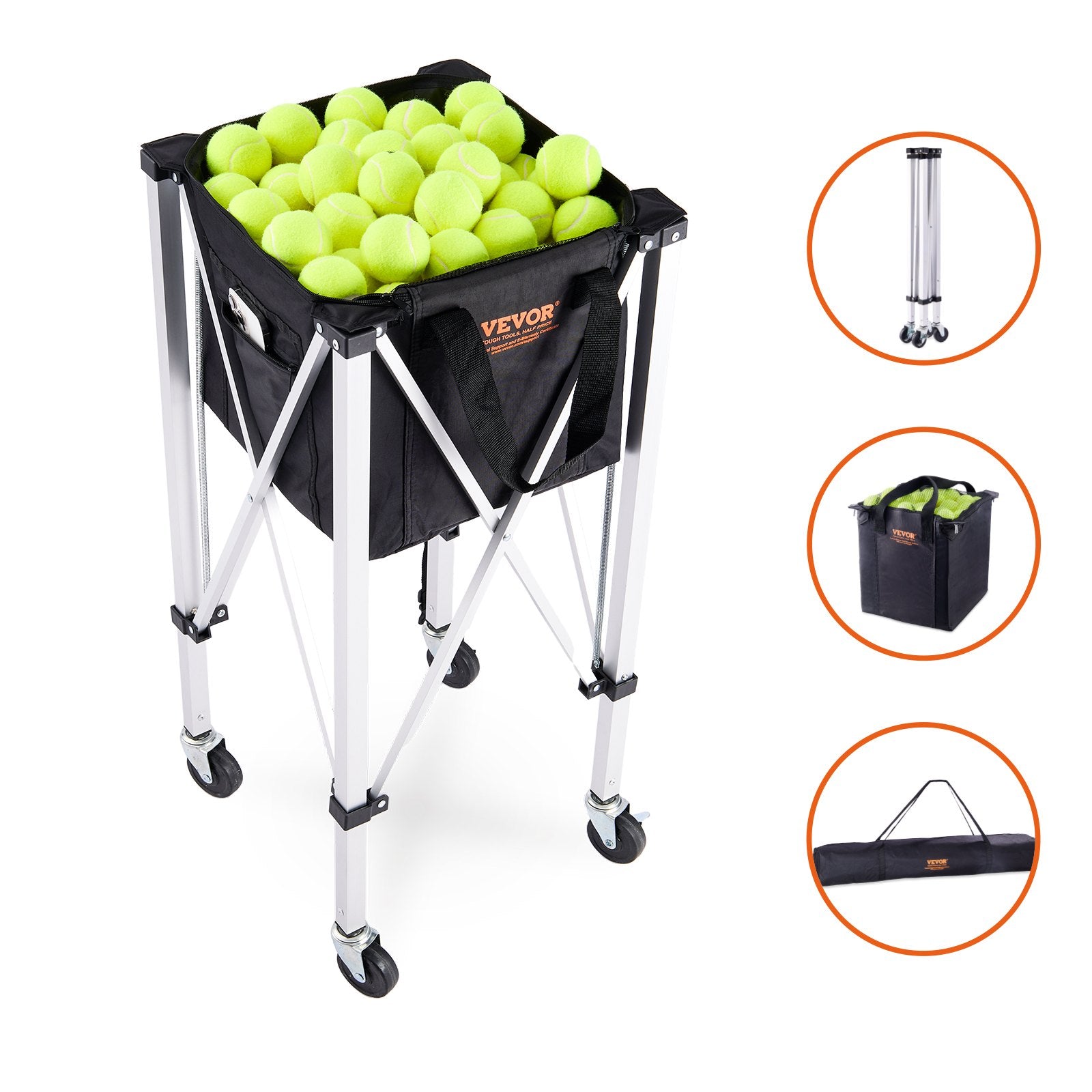 Foldable Tennis Ball Hopper, Holds 150 Tennis Balls, Lightweight Aluminum Alloy Tennis Ball Basket Cart with Wheels, Removable Bag, Carry Bag, Portable Sports Teaching Cart for Tennis Player - Image 9